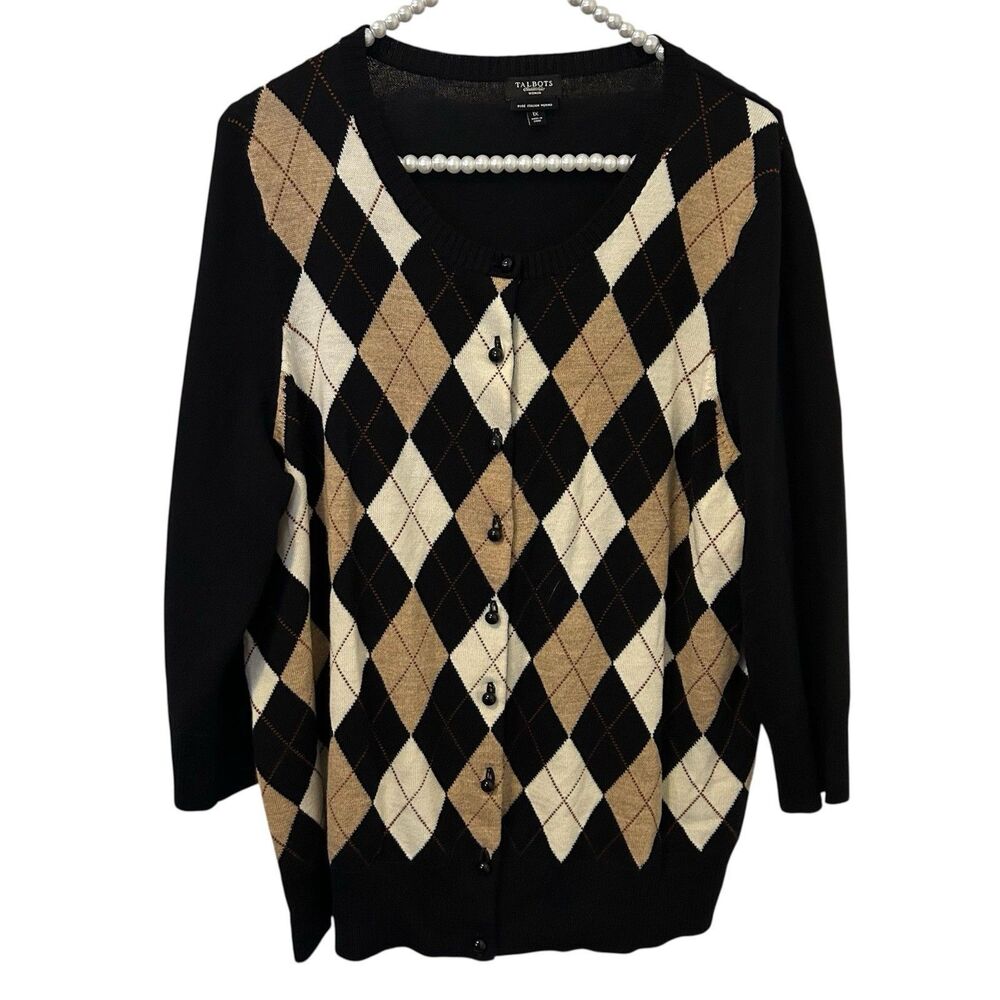 Talbots Womens Back Brown Argyle Cardigan Sweater 1X plus Merino Wool 3/4 Sleeve